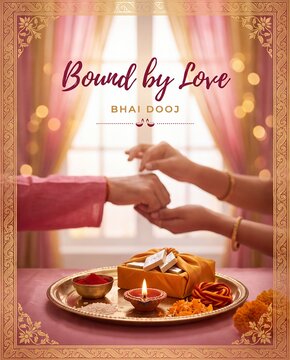 Bhai Dooj festival celebration with hands perform ritual, Indian festival thali with diya and sweets for greeting card