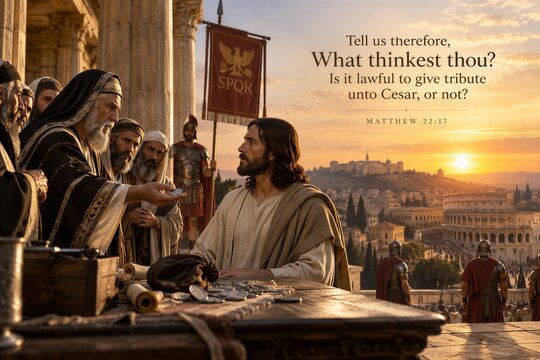 Jesus Debates Roman Tribute to Caesar with Pharisees in Ancient Judea, Featuring Matthew 22:17 Scripture.