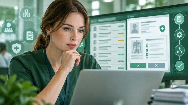Healthcare Manager Woman Reviews Prior Authorization Requests on Laptop Screen, Utilizing Digital Workflow for Medical Claim Adjudication.