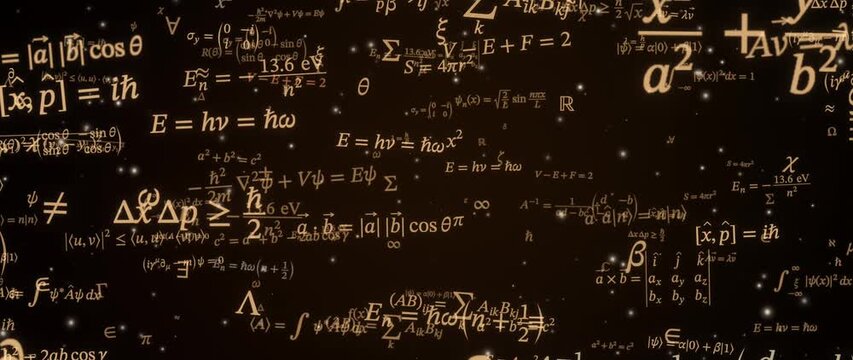 Floating Physics Equations Drift Across Dark Background with Glowing Particles