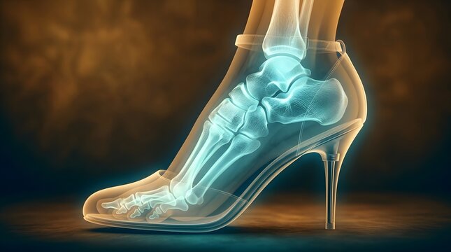 Cinematic X-ray of Human Foot in High Heel Shoe Showing Bone Structure and Orthopedic Impact