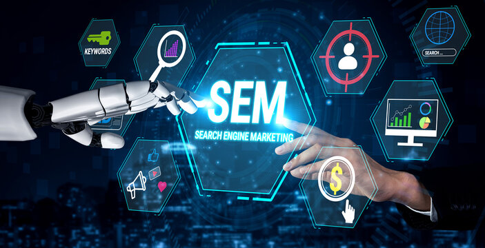 Futuristic Interaction Between Human Hand and Robotic Hand in Digital Search Engine Marketing Visualization with Data Analytics and Charts Fluxor.