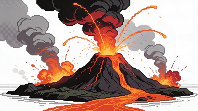 Pixel art erupting volcano spewing hot lava and dark smoke clouds with magma flowing down mountainside