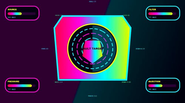 A dynamic Carbon Capture monitoring interface displays complex fluid data in a futuristic screen arrangement showing neon color gradients as circular indicators pulse with simulated analytical light