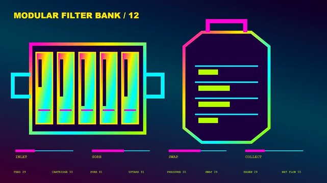 Digital carbon capture interface displays animated modular filter banks showing fluctuating data levels with vibrant colorful glowing neon outlines on a dark gradient background screen view