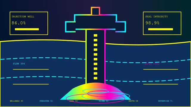 Digital displays showing carbon capture processes with abstract wellbore schematics and glowing subsurface geological data layers presented in a series of animated graphic interface windows