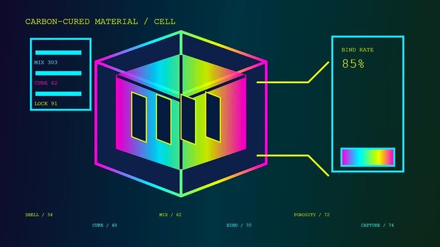 A detailed carbon capture data visualization frame displays dynamic digital cubes with shifting metrics and glowing neon gradients changing colors during a scientific computer simulation process