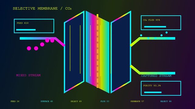 Three panel digital animation shows carbon capture membrane filtration efficiency with glowing colorful light rays and numeric data charts moving across the dark screen interface display