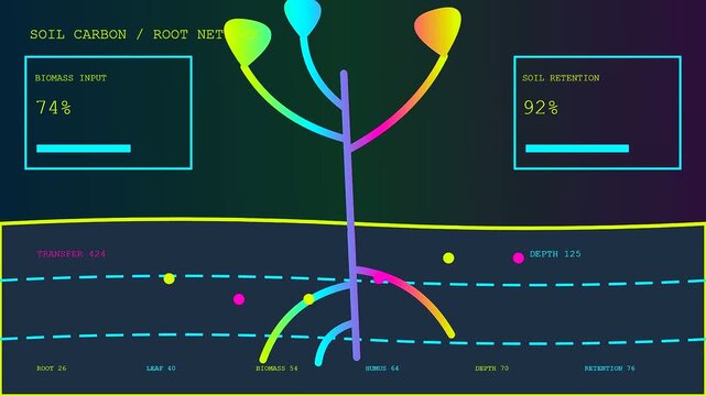 Digital carbon capture displays show soil nutrient cycling trends through stylized root network graphics with changing metric percentages presented on a dark glowing interface board layout