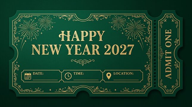 Green and gold Happy New Year 2027 admit one ticket with fireworks, ornate flourish border, blank date, time and location fields and a perforated stub edge