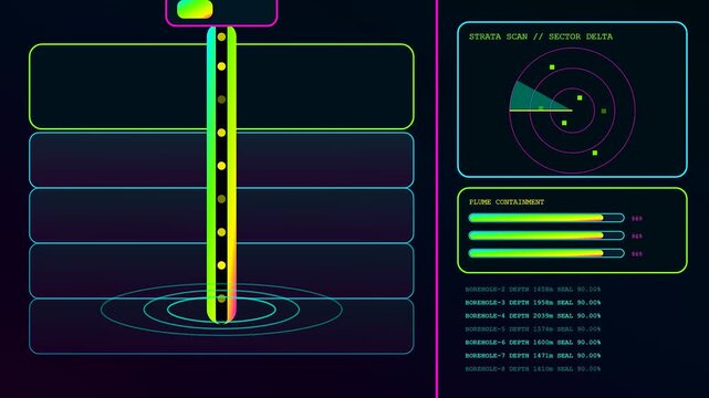 Digital displays showing carbon capture analytics with geometric probes and radar scanning interfaces in a dark virtual environment for environmental data monitoring and geological earth research