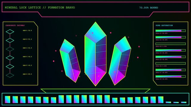 the process of carbon capture is illustrated through glowing crystal formations pulsing with neon energy levels on a dark digital interface screen in three distinct stages