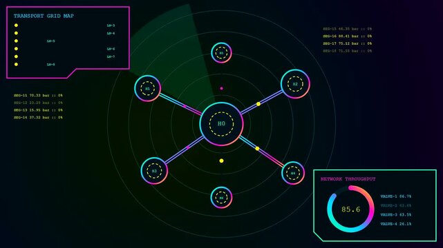 A digital carbon capture monitoring system interface showing shifting network nodes and changing performance data metrics in a dark glowing circular grid visualization for analysis