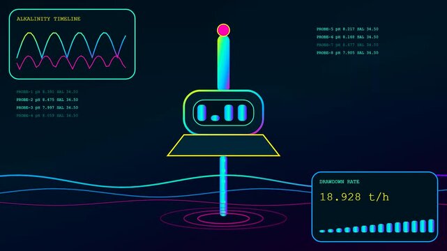 Industrial ocean carbon capture monitoring system showing real time fluid analysis waveforms and dynamic data processing metrics on a dark digital holographic screen display interface
