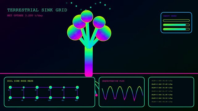 Innovative carbon capture interface visualization showing digital tree diagrams with fluctuating data streams and glowing node networks presented in a modern graphical monitor display screen format