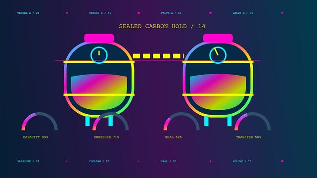 Digital displays showing carbon capture analytics across three monitoring segments demonstrating industrial fluid storage systems with glowing neon gradients on a dark blue background interface design