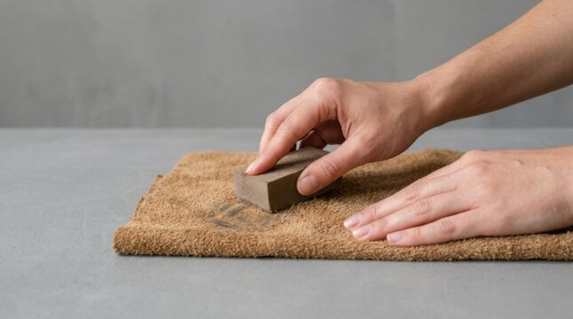 Close-up of hands sanding a rough wooden surface with a sanding block.