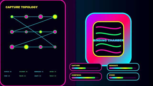Digital carbon capture interface displays moving nodes and glowing signal lines within a dark software environment featuring animated process bars and abstract circular connection point patterns