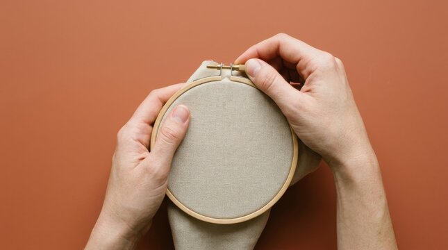 Hands embroidering fabric in a hoop, close-up shot.