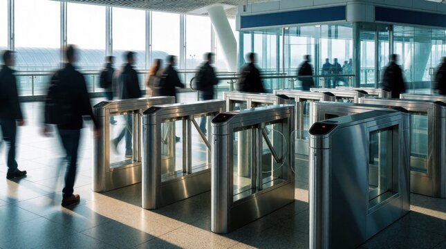 Modern stainless steel security gates stand in row at busy transit center. Blurred people walk through entrance, exit in bright terminal. Automated access control system manages passenger flow in