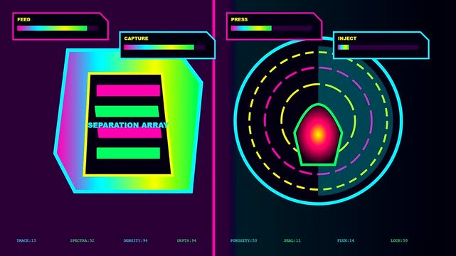 Digital displays showing a carbon capture sequence with glowing magenta and cyan graphical interfaces cycling through data tracking and sensor modulation patterns on a dark backdrop