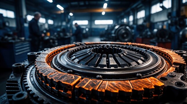 Close up of car clutch assembly with glowing hot metal plates in auto repair shop. Overheated transmission parts show friction heat during mechanical maintenance. Pro mechanics work on heavy vehicle