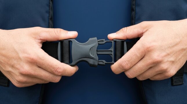 Close-up of hands fastening a black plastic buckle on a strap.