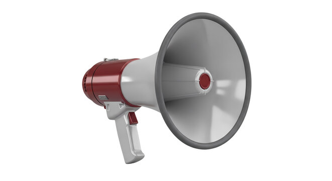 A classic red and white megaphone, a symbol of amplification and communication, presented in a studio setting against a white backdrop