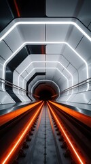 Fototapeta premium Futuristic high speed train tunnel with glowing orange tracks. Modern geometric architecture features white neon lights, dark walls. Underground transport passage leads to dark opening. Sleek subway