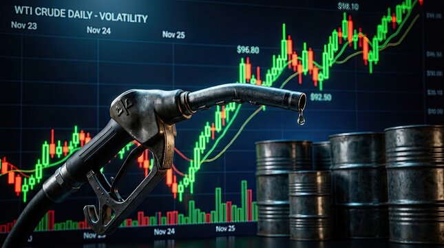 Fuel pump nozzle positioned near rising oil price volatility stock chart with barrels with fluctuations barrels background beside chart displaying nozzle drips liquid marketplace commodities rise