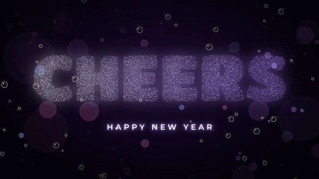Sparkling Cheers Happy New Year text animation with floating bubbles and bokeh effects on a dark purple background