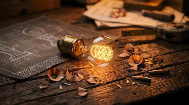 Vintage Edison Light Bulb on Blueprint and Wooden Workbench Representing Innovation and Creative Design