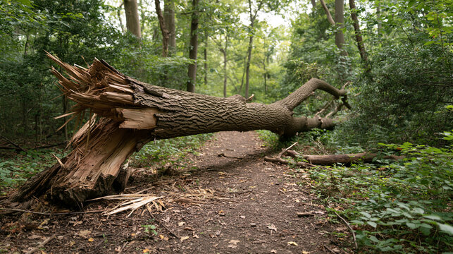 Splintered fallen wood blocks a trail through green woodland