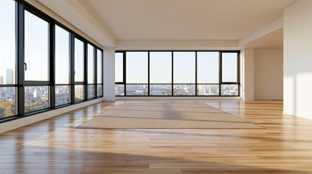 A spacious room with pale wooden floors and city views