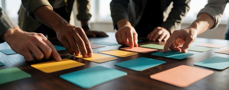 Close up of diverse hands arranging colorful flashcards on dark wooden table. Team members organize cards for brainstorming, strategy session, creative planning. Colleagues work together during