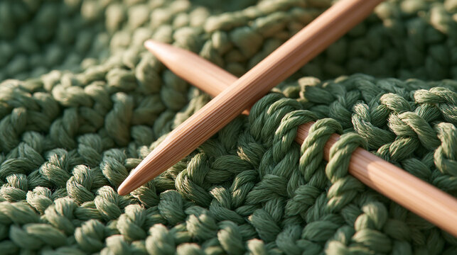Wooden knitting needles rest on chunky green yarn stitches
