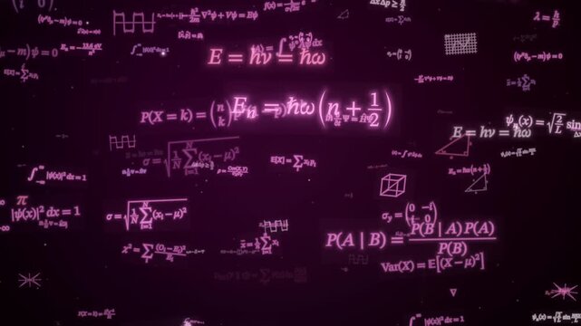 Glowing mathematical equations drift across a dark abstract background in layered motion