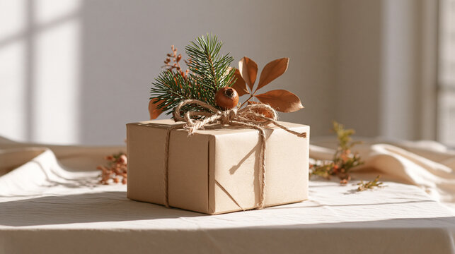 A wrapped present rests among acorns on sunlit fabric