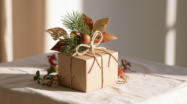 Small kraft gift box with twine and pine decoration