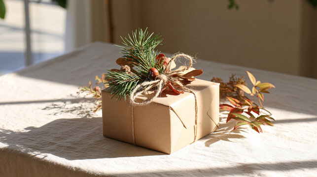 Rustic holiday gift lies beside pine branches and leaves