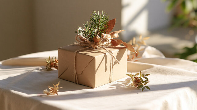 Brown paper parcel tied with string and evergreen sprigs
