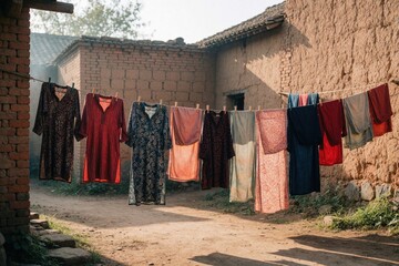 Obraz premium Colorful laundry hangs on rope line in rural village. Traditional clothes dry outside old brick house under morning sun. Various garments like dresses, shirts hang in courtyard near rustic dirt path.