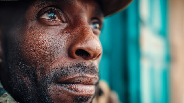 Mans Focused Gaze Upward, Seeking Hope Amidst Hardship