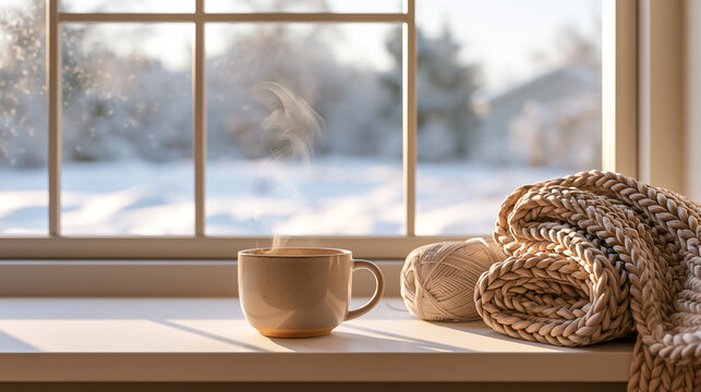 Steaming mug beside a chunky knit blanket at a snowy window