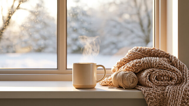 A cream cup and thick knitted throw rest on a windowsill