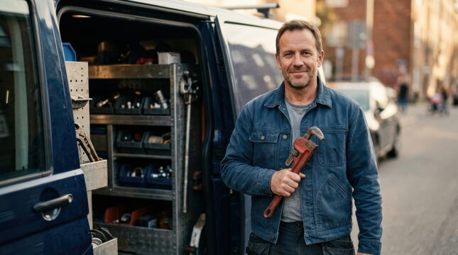 Confident plumber in uniform standing beside open work van door with wrench and organized tool shelving, plumbing trade portrait