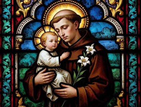 Saint Anthony of Padua holds baby Jesus Christ in stained glass window. Religious monk carries infant child with white lilies. Sacred christian art shows divine love, spiritual blessing through
