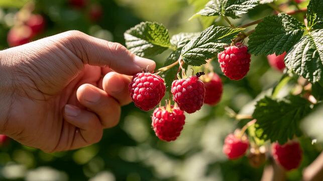 Sunlight catches red berries ready to pick in a garden