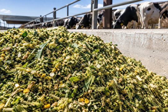 Fresh chopped green fodder with corn kernels in modern dairy farm feeding area, cows eating from troughs, agricultural livestock nutrition concept