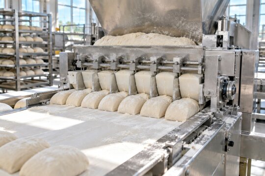 Modern automated dough divider shaping uniform bread rolls in high-tech bakery production line with stainless steel machinery